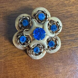 Vintage Gold Brooch with Blue Accents